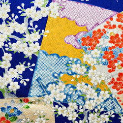 Last Piece, White Cherry Blossoms with Bright Papers, Vintage Kimono Silk. 7" x 35"  #4480