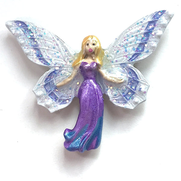 New Markdown, Fairy Mother Sparkly Pearly Purple Hand Painted Shank Back Metal Button Susan Clarke USA 1-1/2"