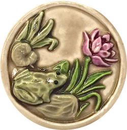 Frog, Purple Flower, Lilypad Art Stone Button, Taupe, 1-3/8" by Susan Clarke