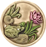 Frog, Purple Flower, Lilypad Art Stone Button, Taupe, 1-3/8" by Susan Clarke