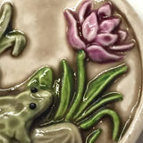 Frog, Purple Flower, Lilypad Art Stone Button, Taupe, 1-3/8" by Susan Clarke