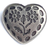 Stitched Heart Antique Silver Smaller Size  5/8", Metal Button, Shank Back #SWC-105