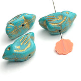 Re-Stocked, Turquoise + Gold Bird, Czech Glass 7/8" Embellishment/Bead,  #L-789