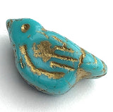 Re-Stocked, Turquoise + Gold Bird, Czech Glass 7/8" Embellishment/Bead,  #L-789