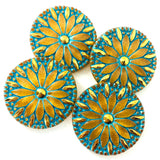 Turquoise & Gold Tiffany Sunflower Large Czech Glass Button 1-1/4" 31mm  #CZ 132