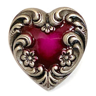 Running low, Heart with Magenta/Silver Swirls/Flowers Button by Susan Clarke 3/4" #SC-195