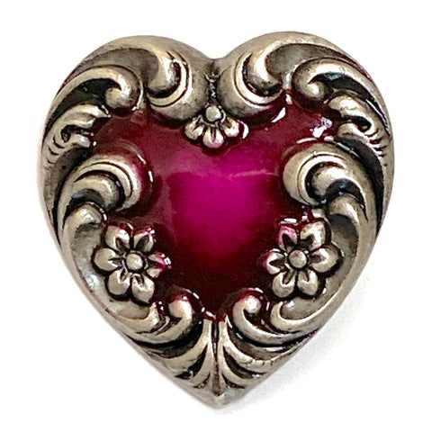 Re-Stocked, Heart with Magenta/Silver Swirls/Flowers Button by Susan Clarke 3/4" #SC-195
