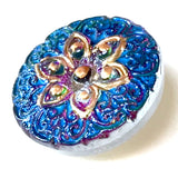 SALE,  3/4" Teals / Purples "Stained Glass" Flower 19mm Czech Glass Button 3/4"  # CZ 296