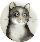 Gray Cat with Big Round Eyes, 1-1/8"-1-3/16" Porcelain Button by Kate Holliday