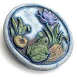 Frog, Purple Flower, Lilypad Art Stone Button, Blue 1-3/8" #1066 By Susan Clarke