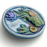 Frog, Purple Flower, Lilypad Art Stone Button, Blue 1-3/8" #1066 By Susan Clarke