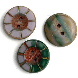 Muddy Lavender + Green Czech Glass Sunray Flower, 2 hole button 14mm/ 9/16"  #AB-7803