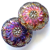 LAST ONES, Rainbow Plumeria, Magenta Czech Glass Button 1-1/16" 27mm # CZ-066