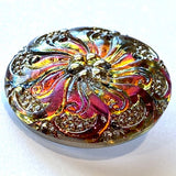 LAST ONES, Rainbow Plumeria, Magenta Czech Glass Button 1-1/16" 27mm # CZ-066