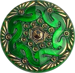 Bright Green Handpainted Czech Lacy Glass Button, 1-1/16", Susan Clarke #SC1519E