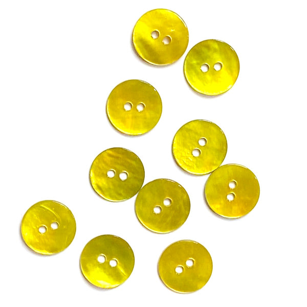 Running Low, Vibrant Yellow-Green 1/2" Pearl Shell 2-hole Button, Pack of 6   #D-114
