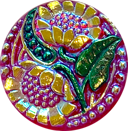 Two Sunflowers with Clear Red Czech Glass Button 1" #CB703