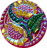 Two Sunflowers with Clear Red Czech Glass Button 1" #CB703