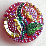 Two Sunflowers with Clear Red Czech Glass Button 1" #CB703