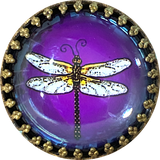 Running Low, Dragonfly on Purple, Glass Crystal Dome Button Shank Back, Bead-Look Frame 1.25"   #CB291