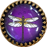 Running Low, Dragonfly on Purple, Glass Crystal Dome Button Shank Back, Bead-Look Frame 1.25"   #CB291