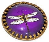 Running Low, Dragonfly on Purple, Glass Crystal Dome Button Shank Back, Bead-Look Frame 1.25"   #CB291