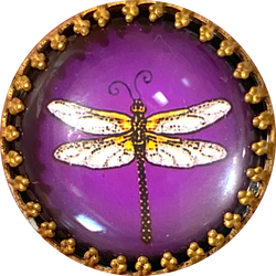 Running Low, Dragonfly on Purple, Glass Crystal Dome Button Shank Back, Bead-Look Frame 1.25"   #CB291