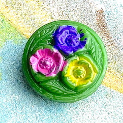 SALE Tiny Vintage Handpainted Roses on Green, 7/16" Glass Buttons  #BK401