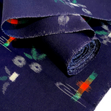 Remnant, Navy Indigo Ikat WOOL, Ribbon Flower Kimono Fabric from Japan, 1-1/4 Yard Piece#246