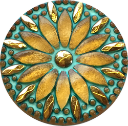 Turquoise & Gold Tiffany Sunflower Large Czech Glass Button 1-1/4" 31mm  #CZ 132