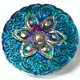 SALE,  3/4" Teals / Purples "Stained Glass" Flower 19mm Czech Glass Button 3/4"  # CZ 296