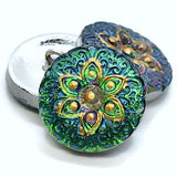 SALE,  3/4" Teals / Purples "Stained Glass" Flower 19mm Czech Glass Button 3/4"  # CZ 296