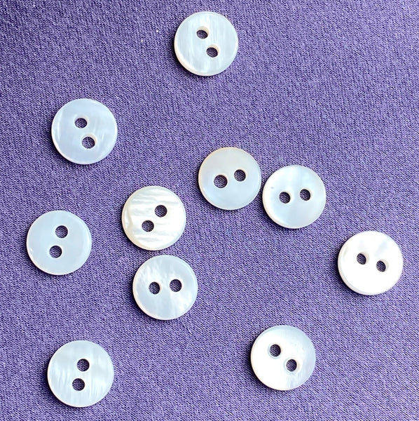 Running Low, TEN Tiny White 8mm Pearl Shell 2-Hole Buttons 5/16" PACK OF TEN #BN-655F